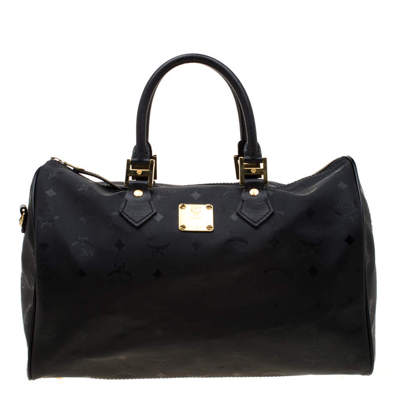 Pre Owned MCM Black Signature Visetos Nylon and Leather Heritage Boston Bag