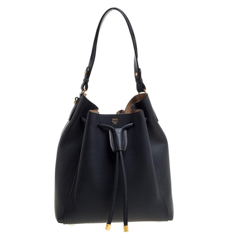 MCM Shadow Grey Leather Drawstring Bag