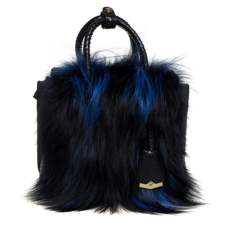 Pre Owned MCM Black/Blue Snakeskin and Fur Mini Milla Tote