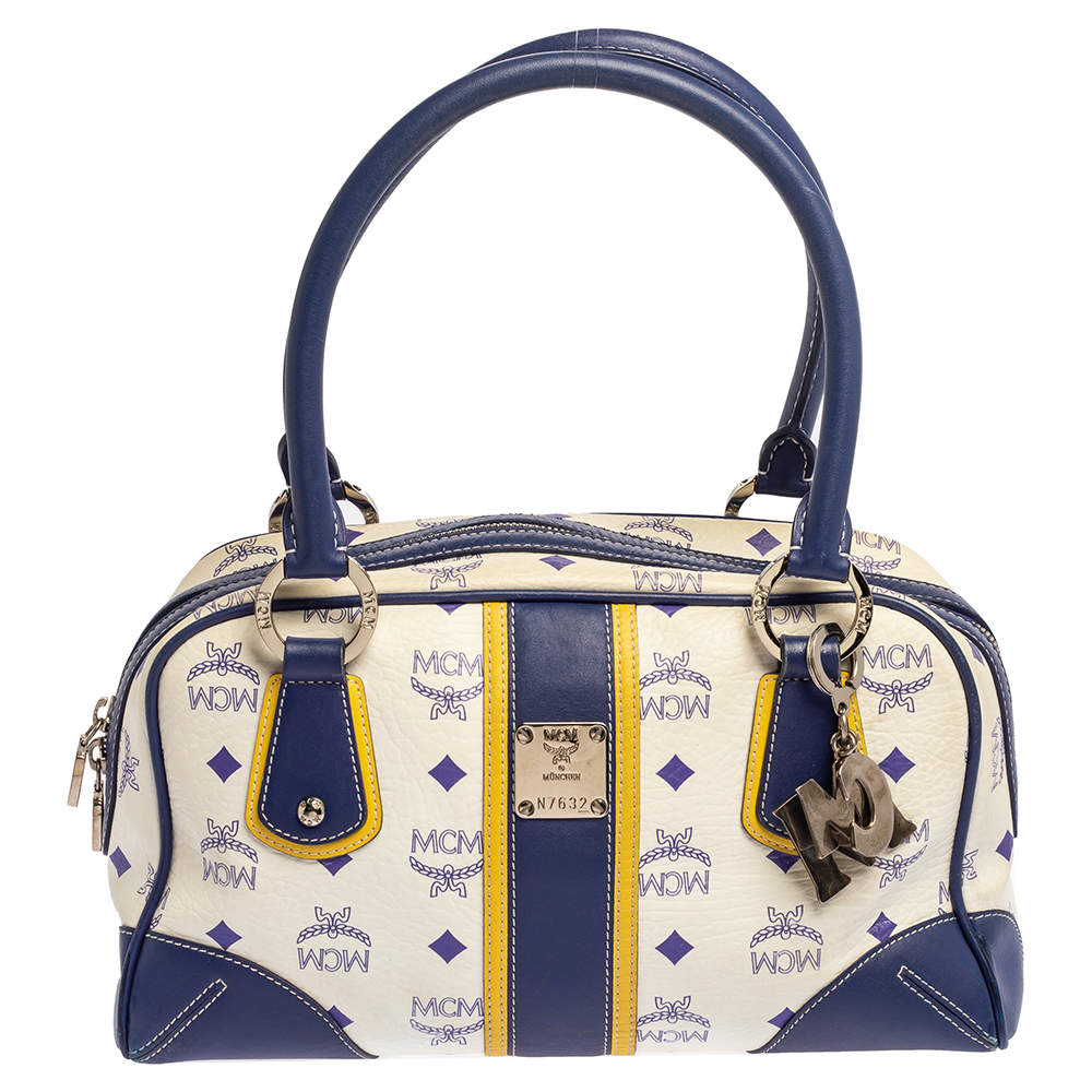 Pre Owned MCM Purple/White Visetos Coated Canvas and Leather Zip Satchel