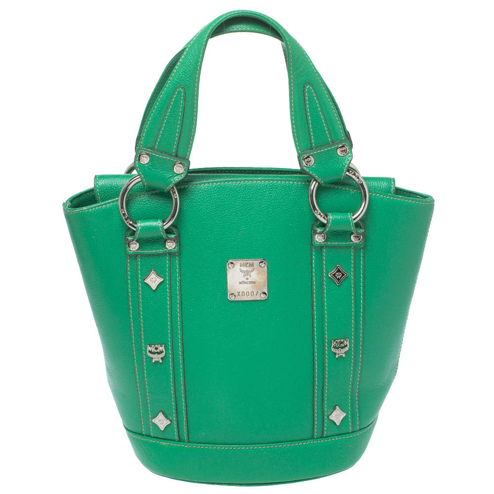 Pre Owned MCM Green Leather Studded Flap Bucket Bag