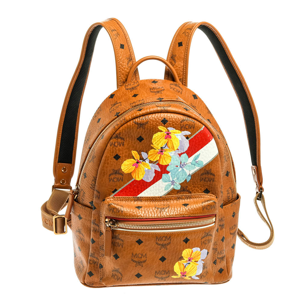 Pre Owned MCM Tan Floral Print Coated Canvas Small Stark Backpack