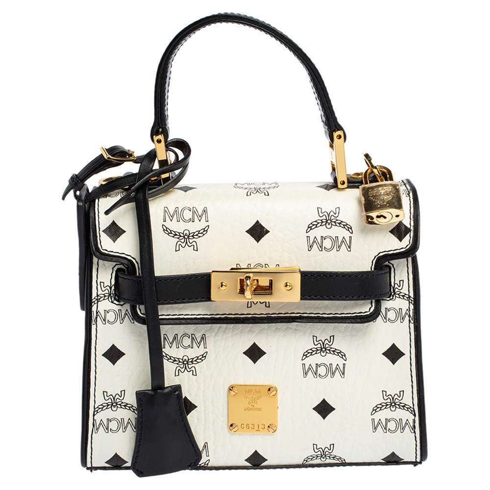 Pre Owned MCM White Visetos Coated Canvas and Leather Heritage Top Handle Bag