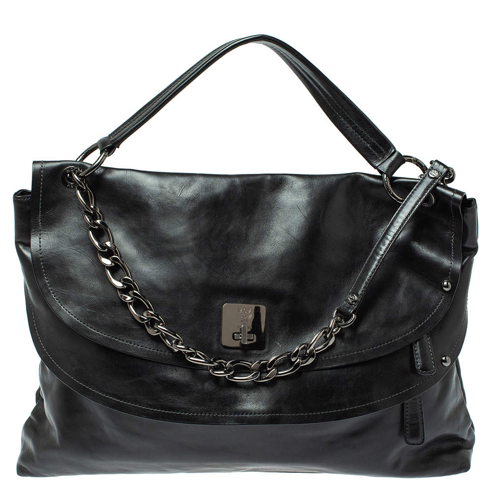 MCM Black Leather Turlock Double Flap Top Handle Bag
