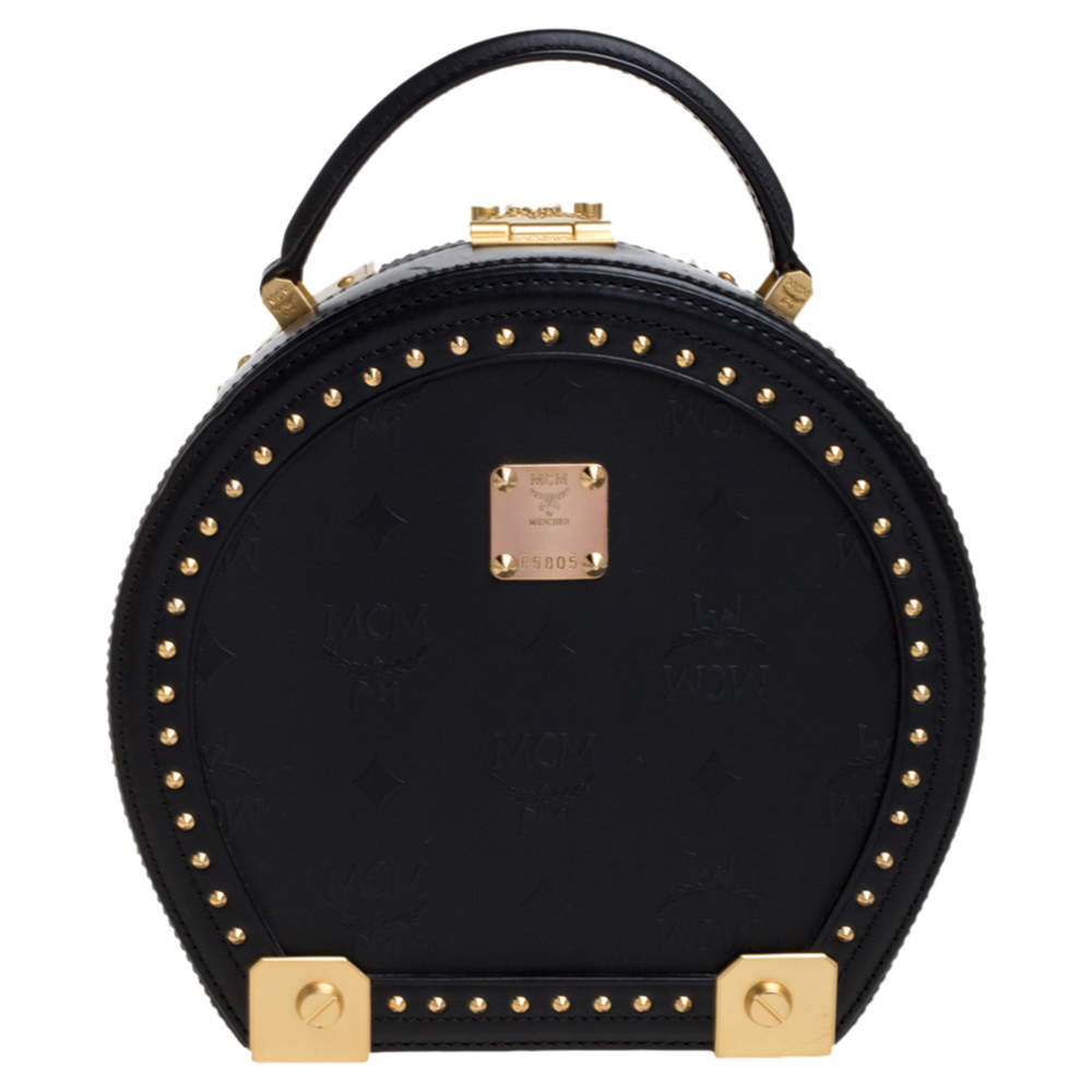 Pre Owned MCM Black Coated Canvas and Leather Berlin Studded Round Bag