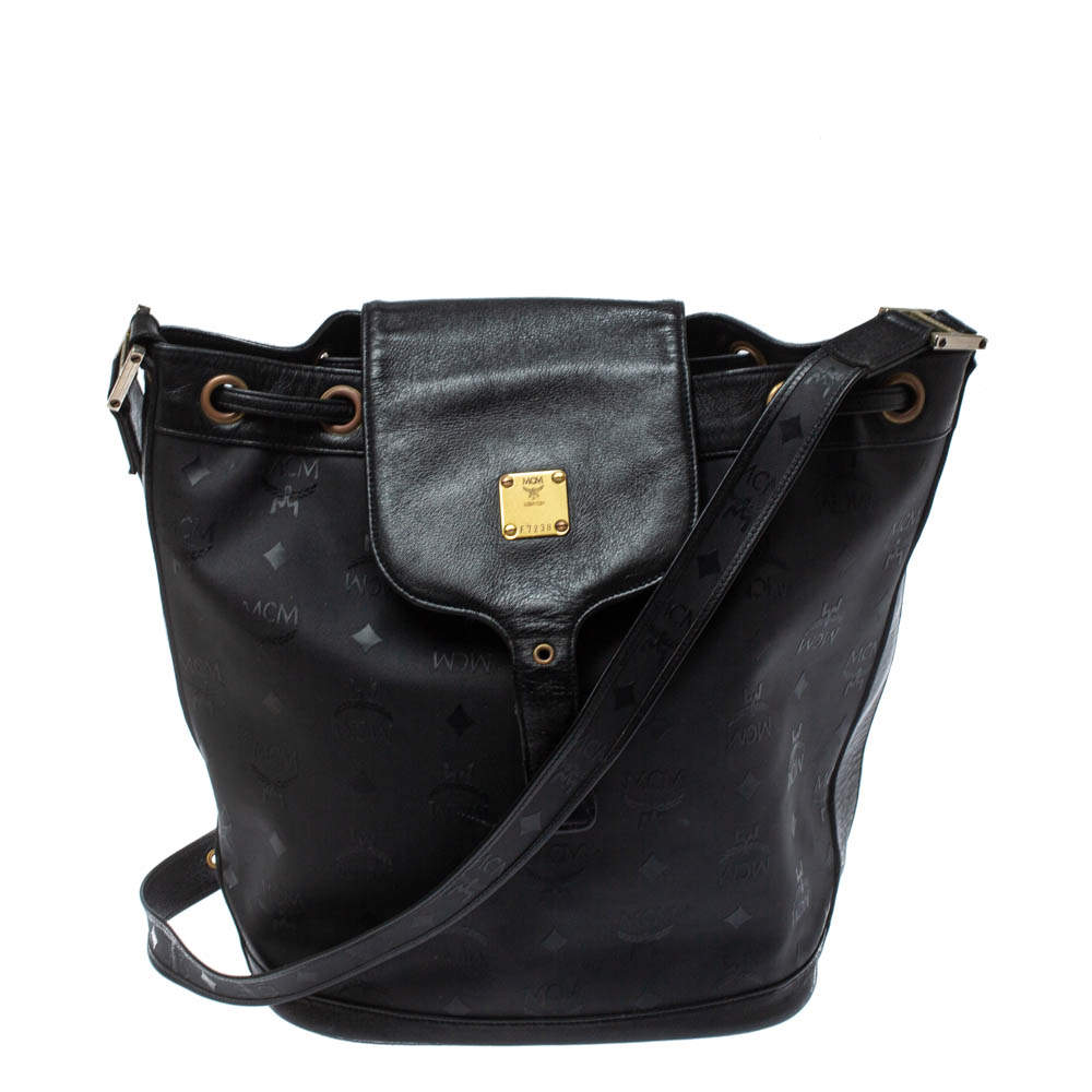 MCM Black Signature Nylon and Leather Drawstring Flap Bucket Bag
