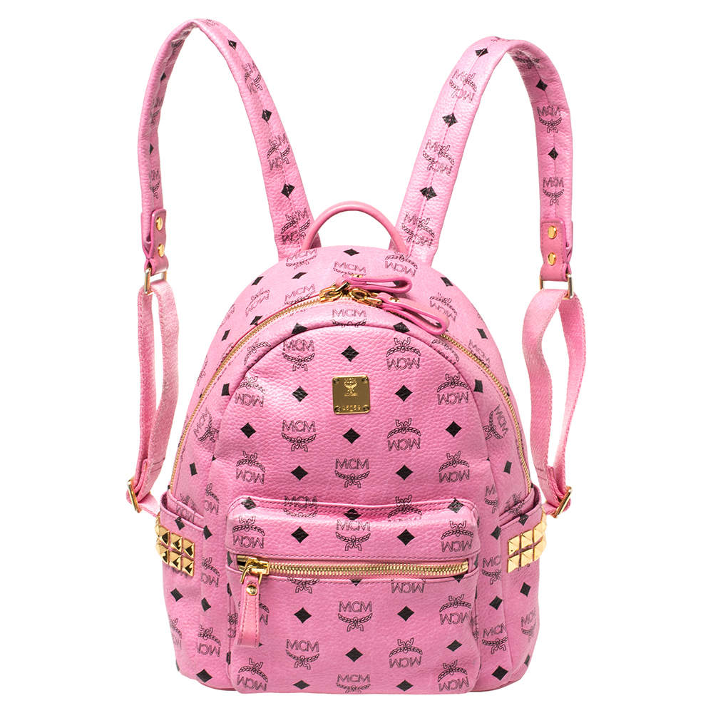 Authenticated Used MCM Visetos Glam Studded Rucksack Backpack Pink