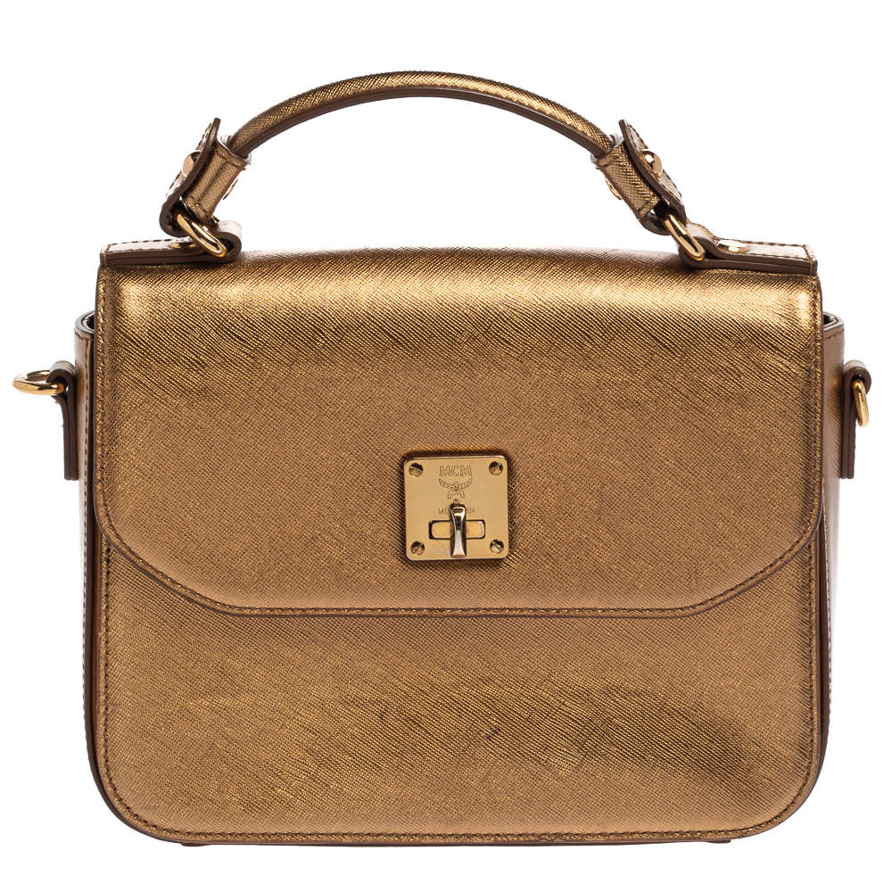 Pre Owned MCM Metallic Gold Leather Flap Top Handle Bag