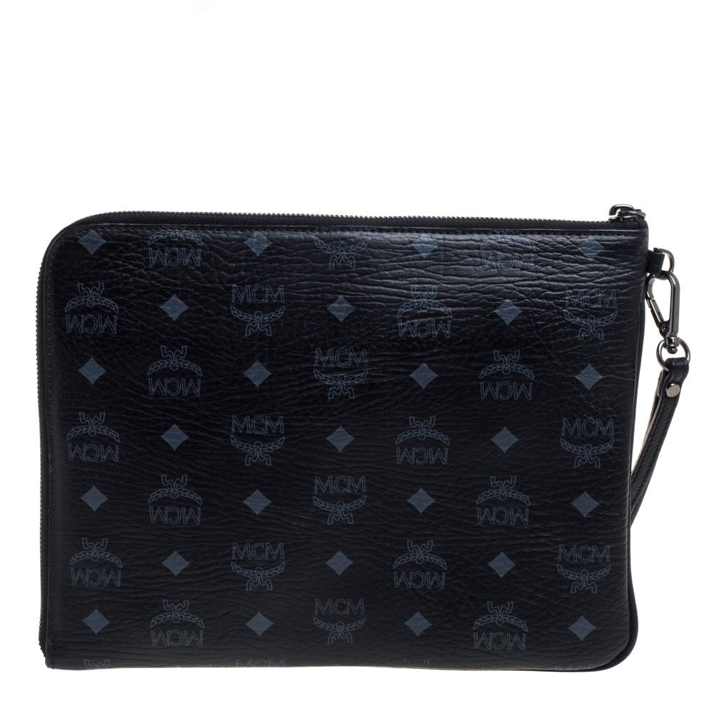 MCM Black Visetos Coated Canvas Studded Wristlet Clutch MCM