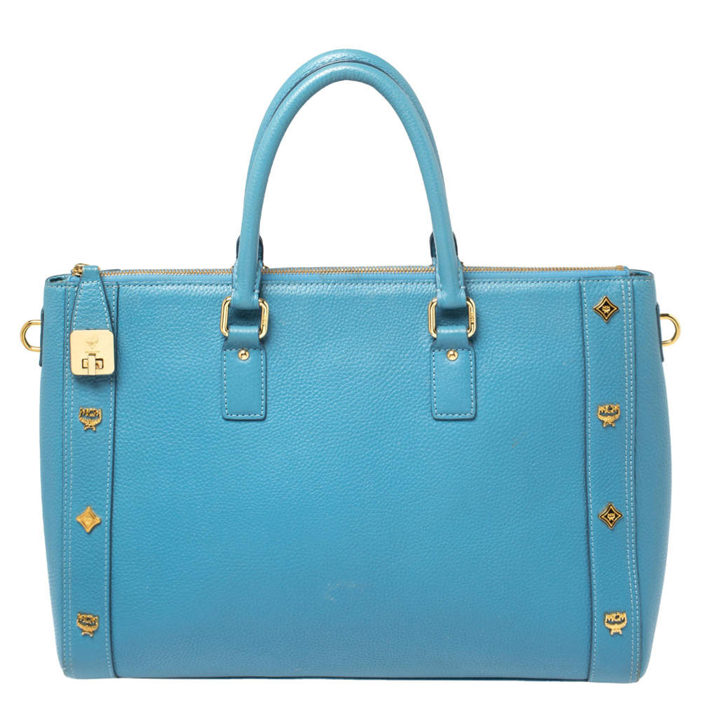 Pre Owned MCM Blue Leather Studded Zip Tote
