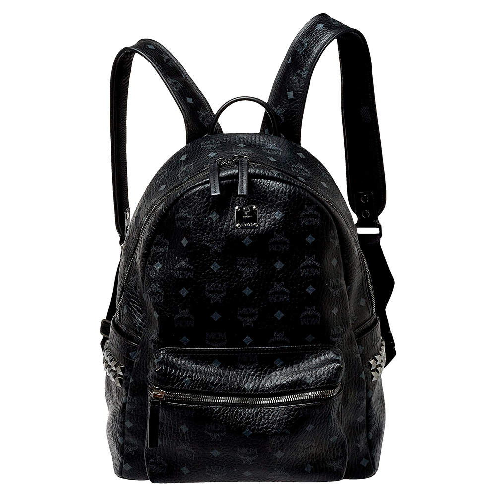 MCM Black Visetos Coated Canvas Medium Studs Stark Backpack