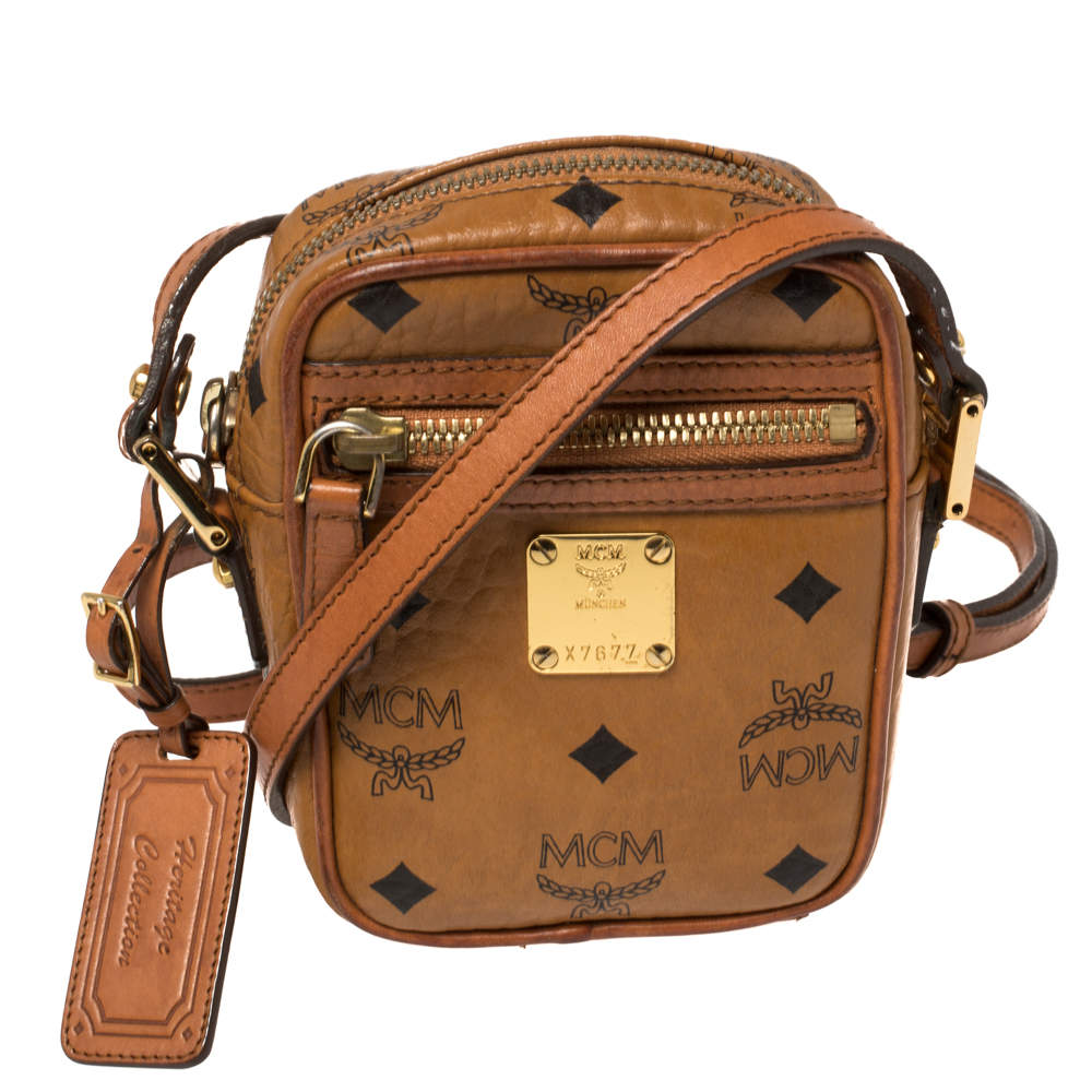 Pre Owned MCM Cognac Visetos Coated Canvas Small Crossbody Bag