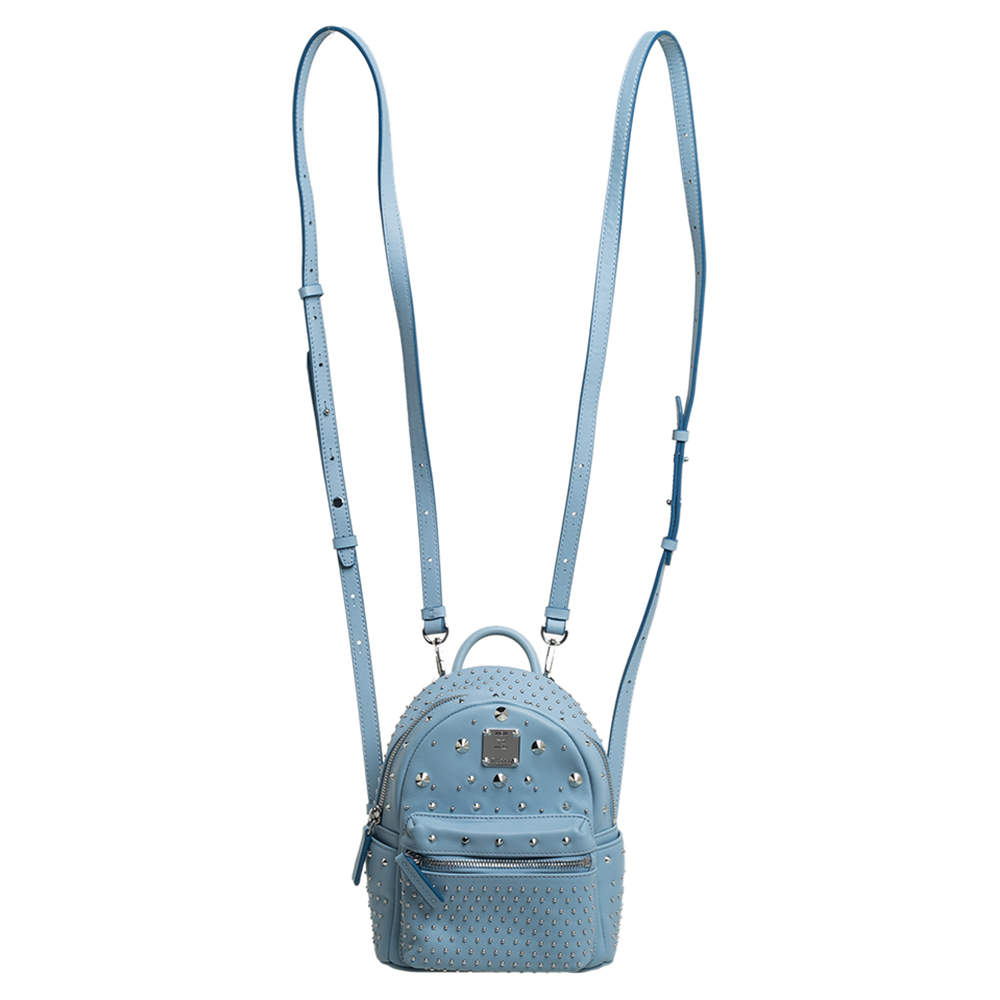 Pre Owned MCM Sky Blue Studded Leather Mini Stark Bebe Boo Backpack