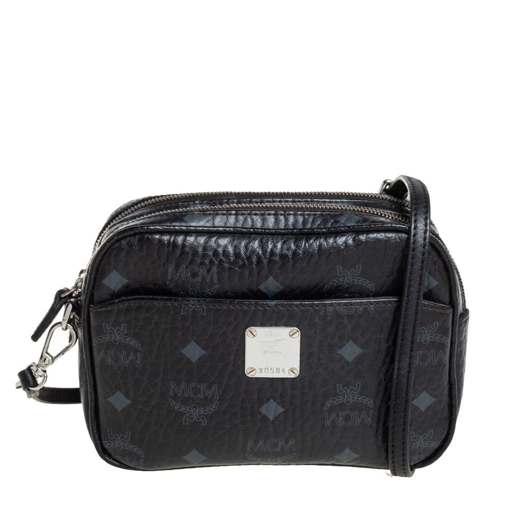 Pre Owned MCM Black Visetos Coated Canvas Double Zip Camera Crossbody Bag