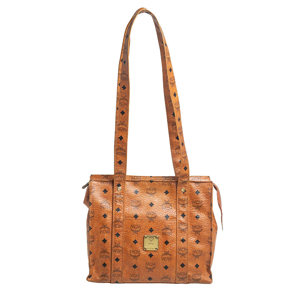 Pre Owned MCM Cognac Visetos Coated Canvas Heritage Top Zip Tote