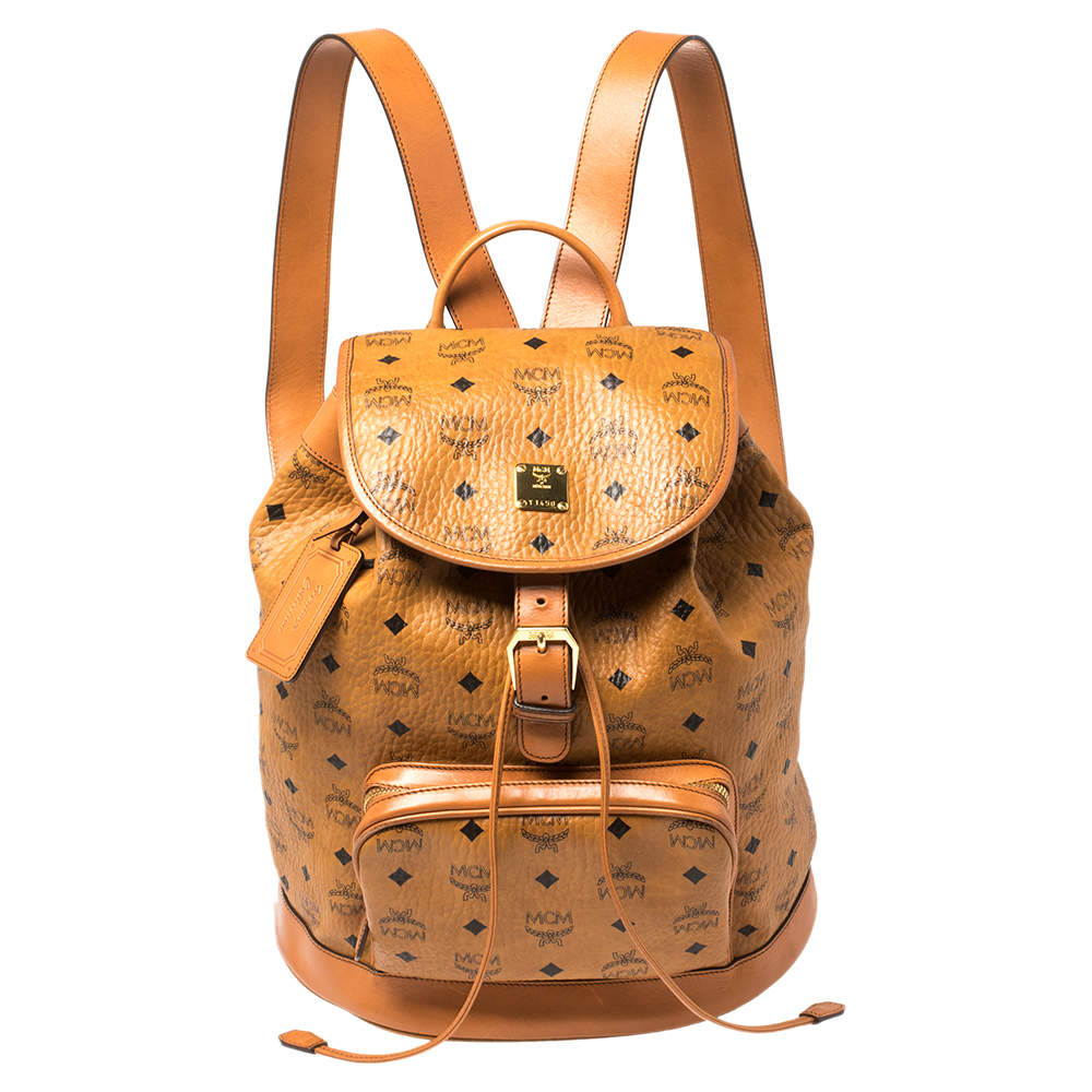MCM Cognac Visetos Coated Canvas and Leather Medium Brandenburg Drawstring Backpack
