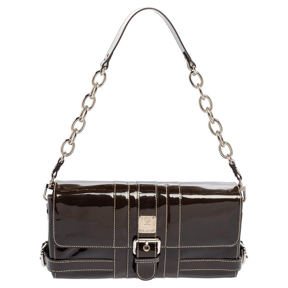 Pre Owned MCM Brown Patent Leather Buckle Detail Flap Shoulder Bag