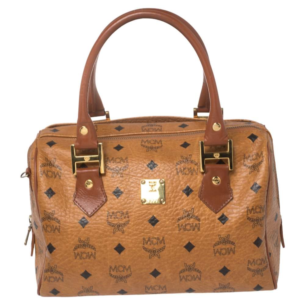 MCM Cognac Visetos Coated Canvas Small Heritage Boston Bag