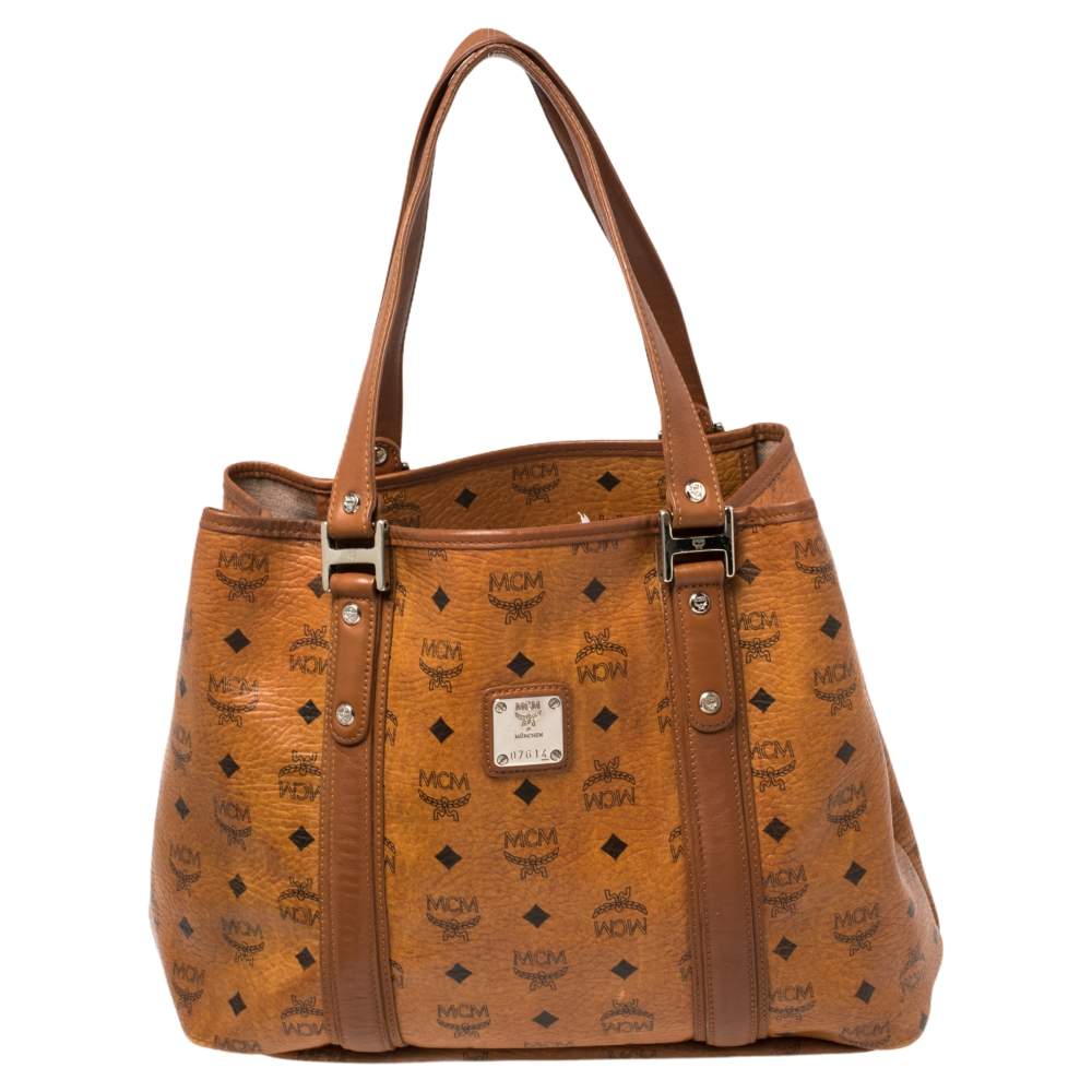 Pre Owned MCM Cognac Visetos Coated Canvas and Leather Shopper Tote