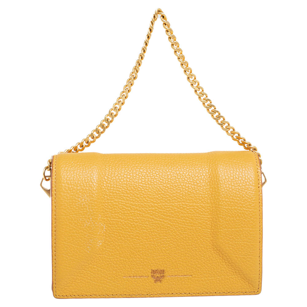 Pre Owned MCM Yellow Leather Flap Chain Crossbody Bag