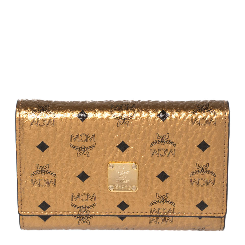 Pre Owned MCM Metallic Bronze Visetos Coated Canvas Trifold Compact Wallet