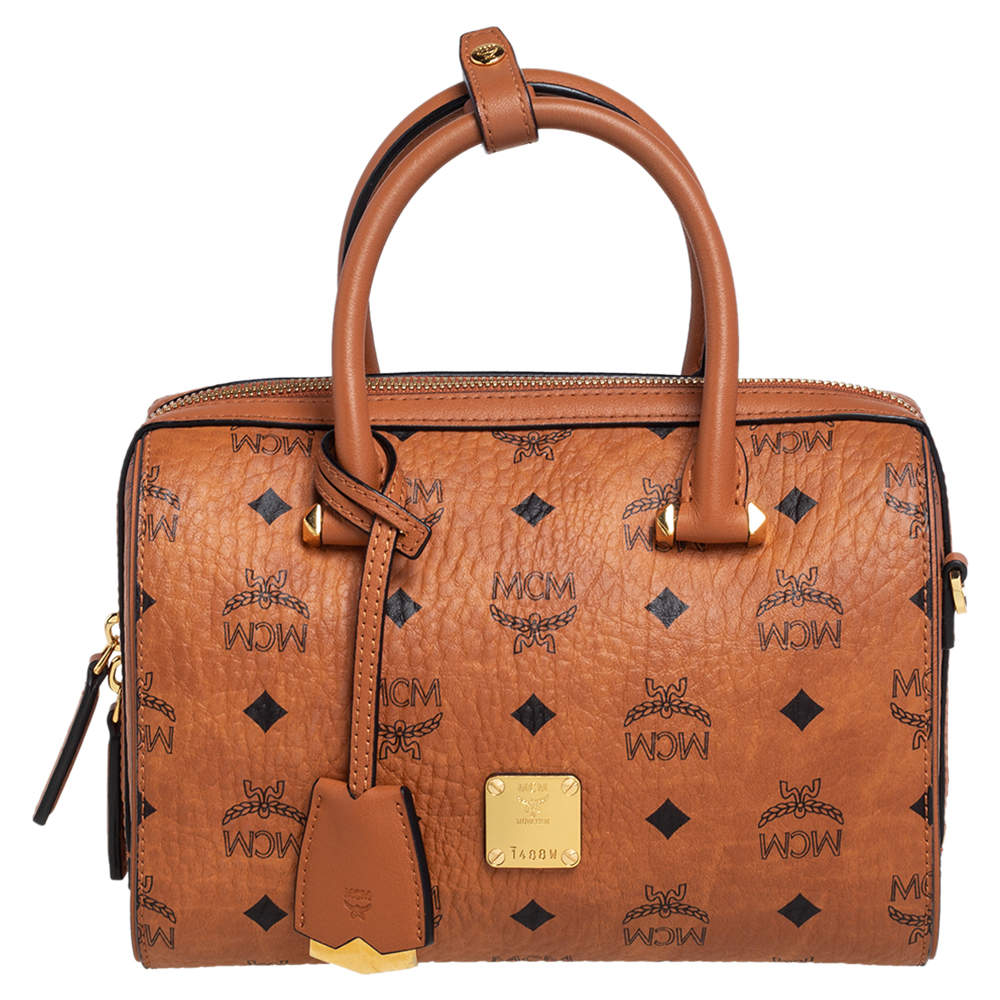 MCM Cognac Visetos Coated Canvas Small Essential Boston Bag
