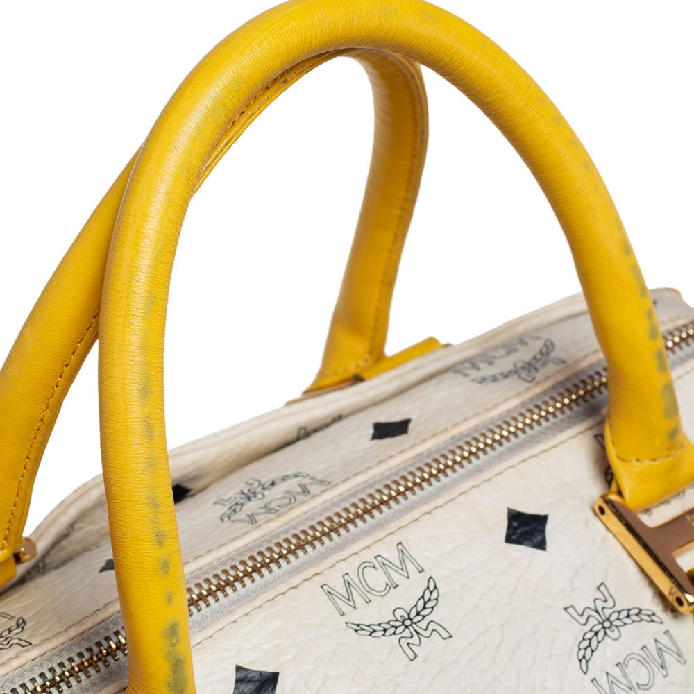 MCM White/Yellow Visetos Leather Small Heritage Boston Bag at