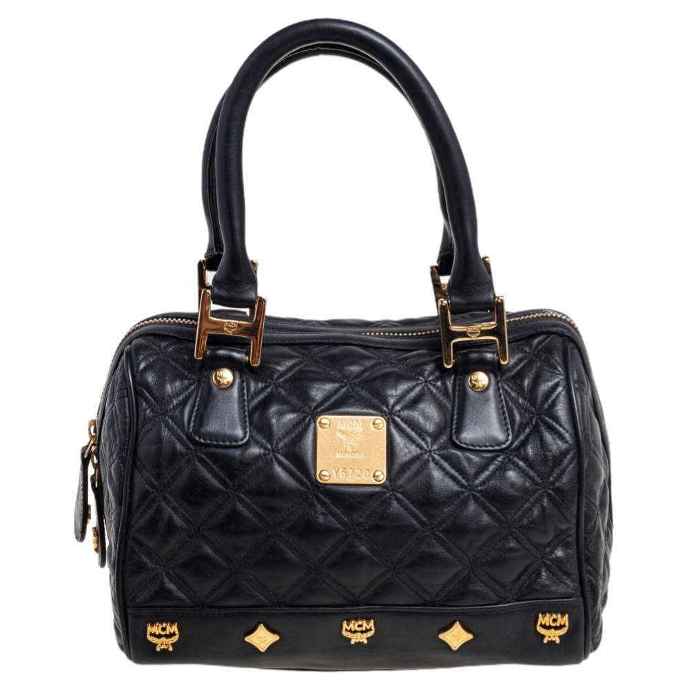 Pre Owned MCM Black Quilted Leather Embellished Boston Bag