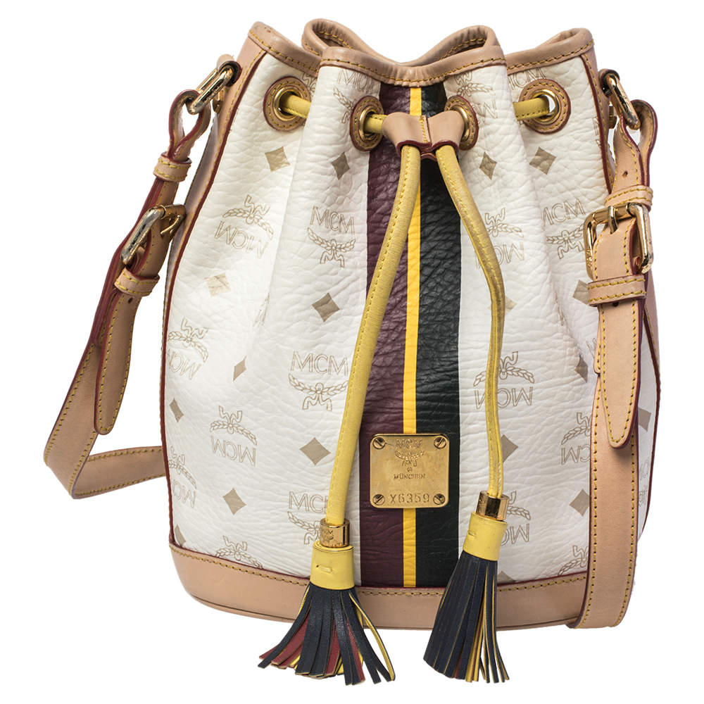 Pre Owned MCM White/Tan Visetos Coated Canvas Heritage Drawstring Bucket Bag