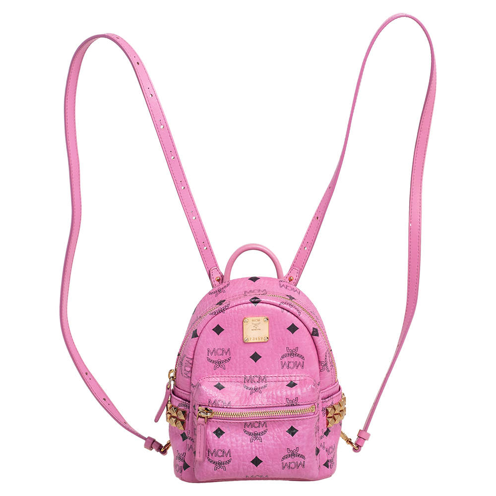 Pre Owned MCM Pink Visetos Coated Canvas and Leather Mini Studded Stark-Bebe Boo Backpack