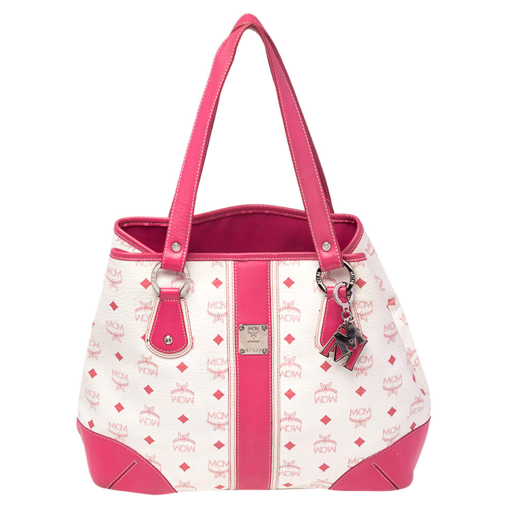 مملوكة مسبقًا MCM Pink/White Visetos Coated Canvas and Leather Charm Tote