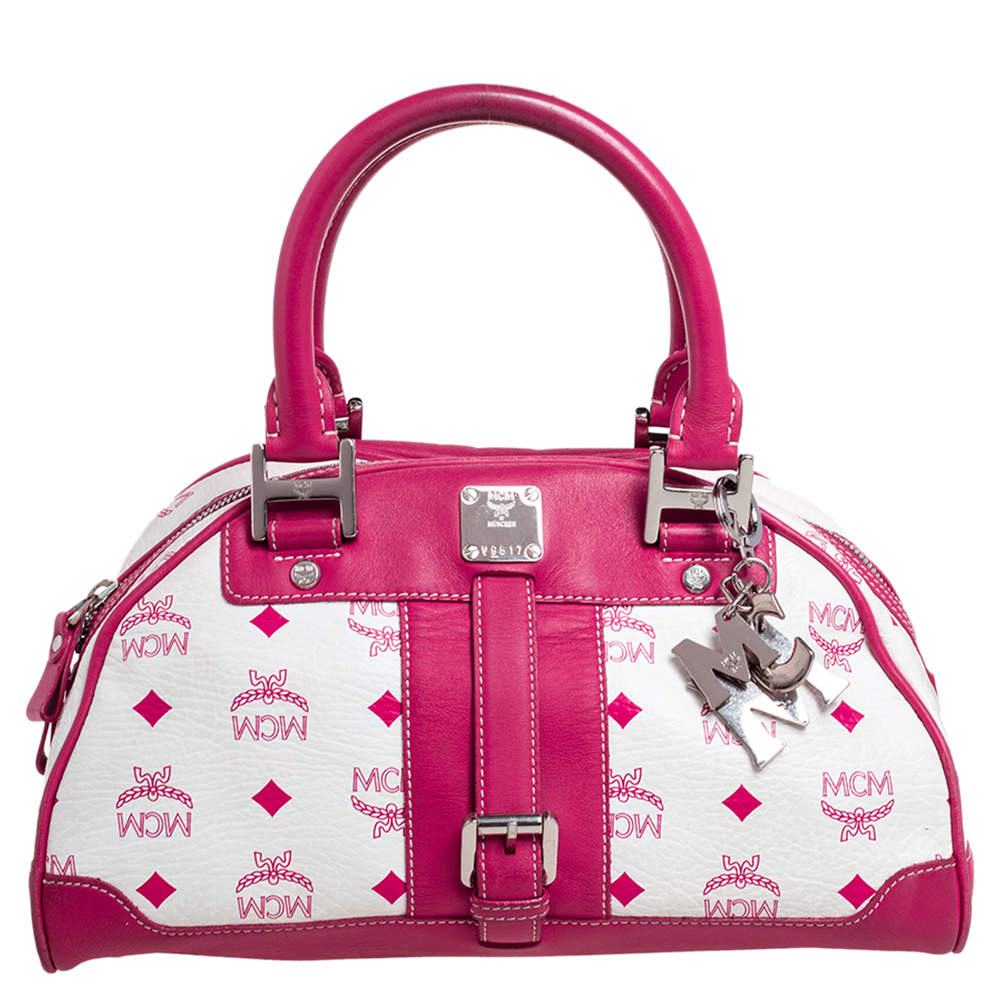 Pre Owned MCM Pink/White Visetos Coated Canvas and Leather Logo Charm Satchel