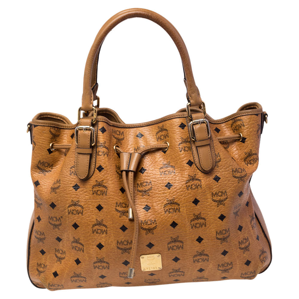 Pre Owned MCM Cognac Visetos Coated Canvas and Leather Drawstring Shoulder Bag