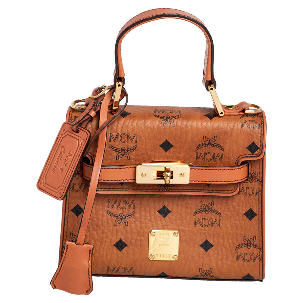 Pre Owned MCM Brown Visetos Coated Canvas and Leather Embellished Mini Heritage Top Handle Bag