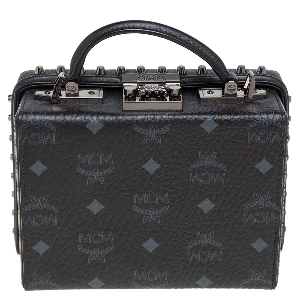 Pre Owned MCM Black Visetos Leather Studded Berlin Box Shoulder Bag