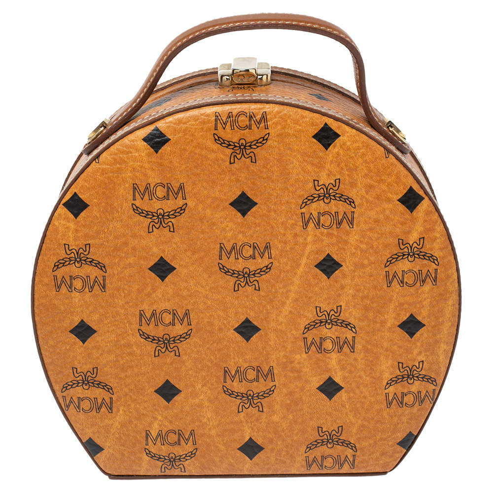 Pre Owned MCM Cognac Visetos Coated Canvas and Leather Berlin Round Bag