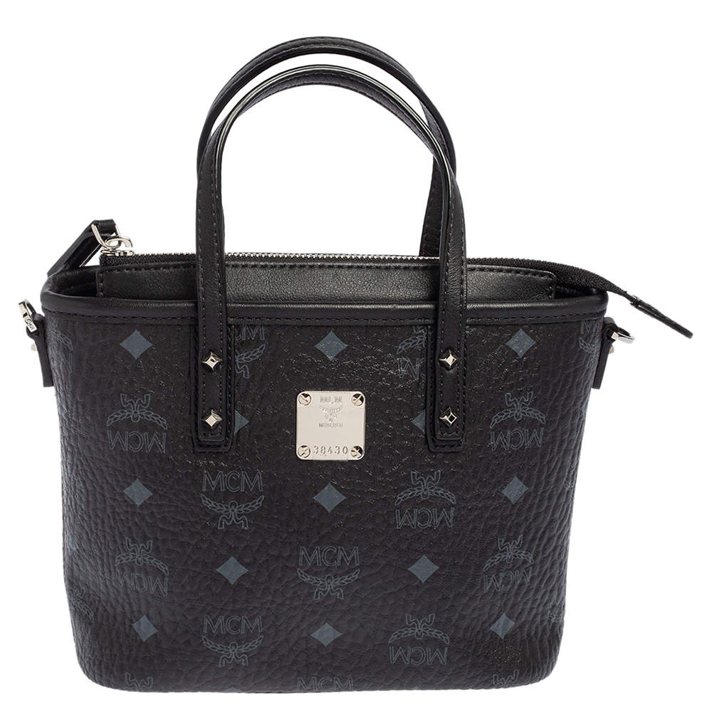 Pre Owned MCM Black Visetos Coated Canvas and Leather Mini Anya Zip Tote