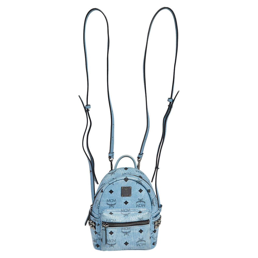 Pre Owned MCM Blue Visetos Coated Canvas and Leather Mini Studded Stark-Bebe Boo Backpack