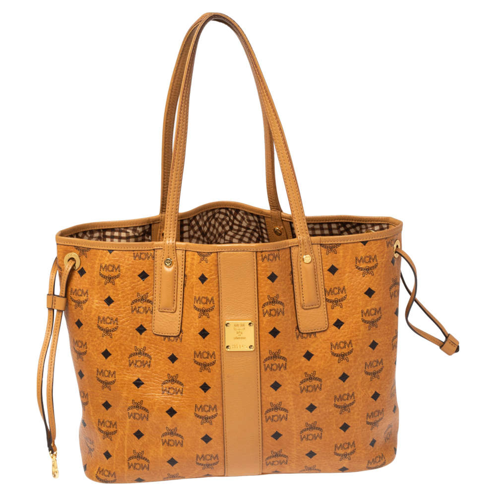Pre Owned  MCM Cognac Visetos Coated Canvas and Leather Reversible Shopper Tote 
