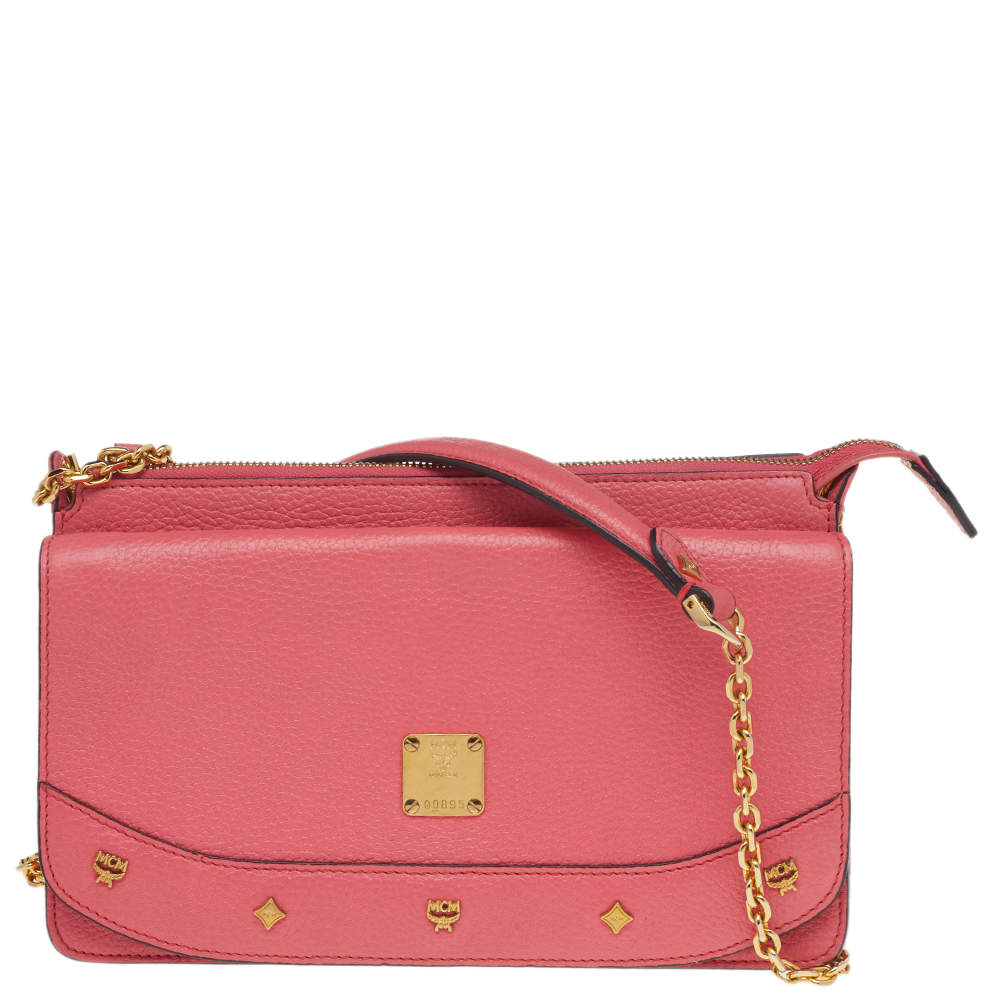 Pre Owned MCM Pink Leather Studded Flap Shoulder Bag
