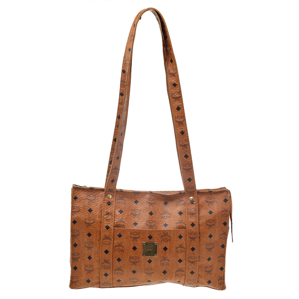 Pre Owned MCM Cognac Coated Canvas Visetos Heritage Top Zip Shopper Tote