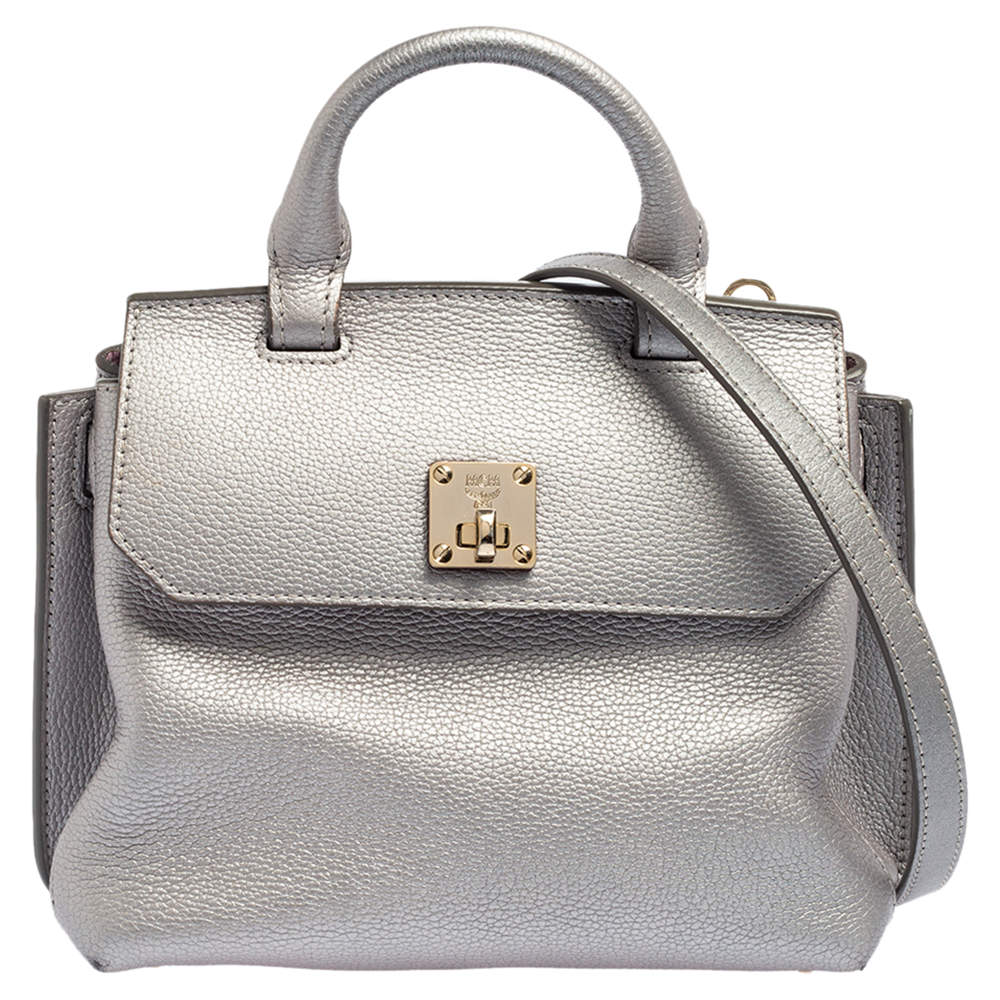 Pre Owned MCM Silver Leather Small Milla Top Handle Bag