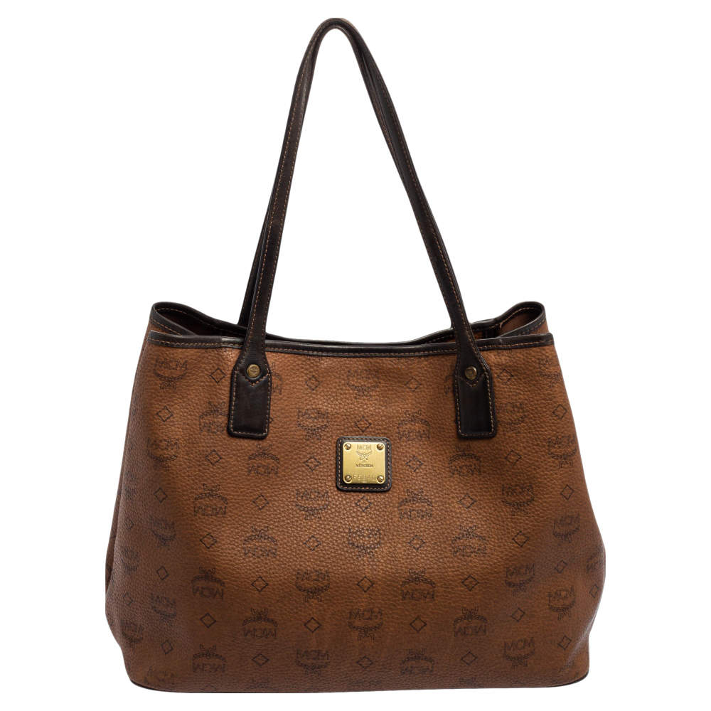 Pre Owned MCM Cognac Visetos Coated Canvas and Leather Shopper Tote