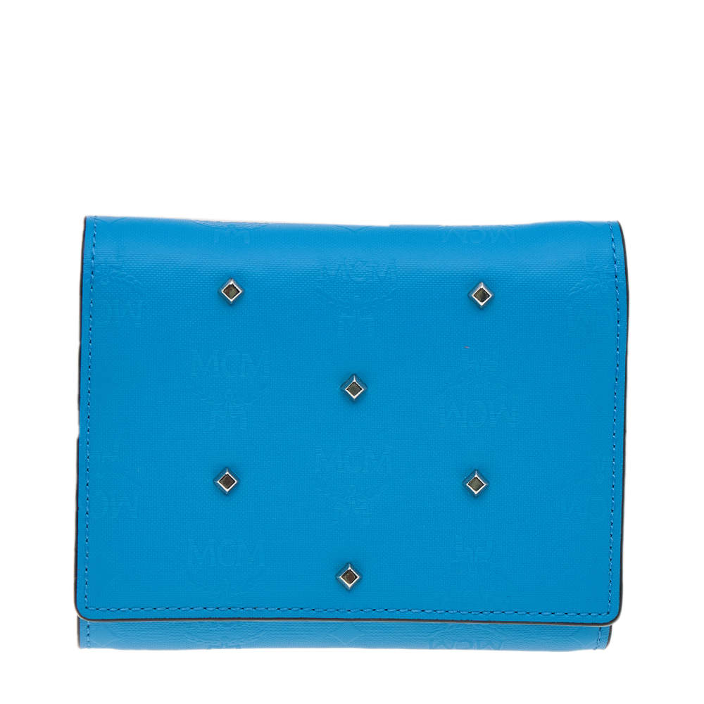 MCM Blue Coated Canvas Studded Claudia Trifold Wallet