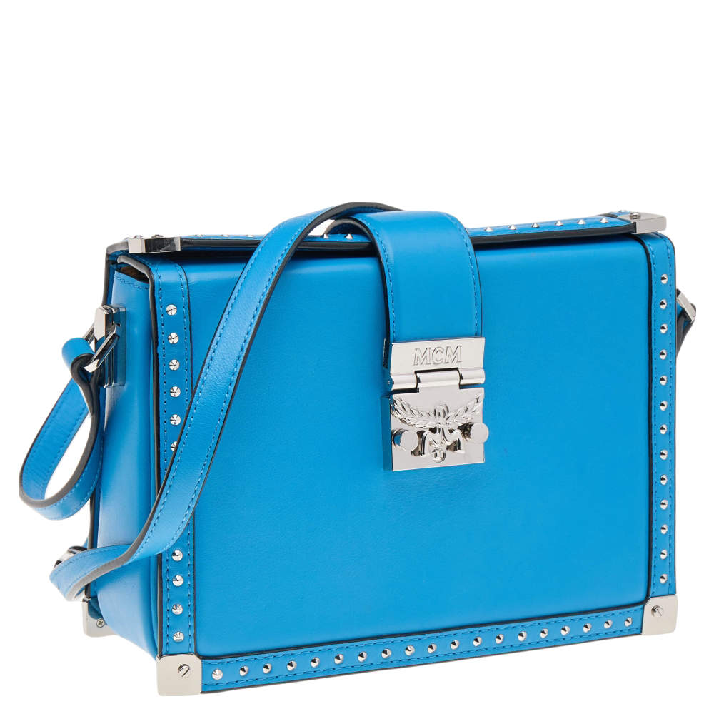 LEATHER CROSSBODY Bag Blue Trunk Purse Briefcase Studded 