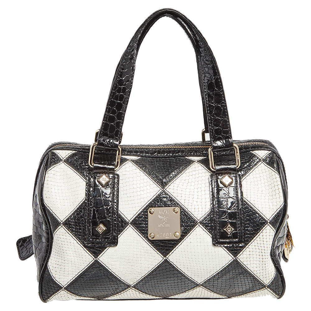 Pre Owned MCM Black & White Diamond Pattern Leather Enamel Satchel
