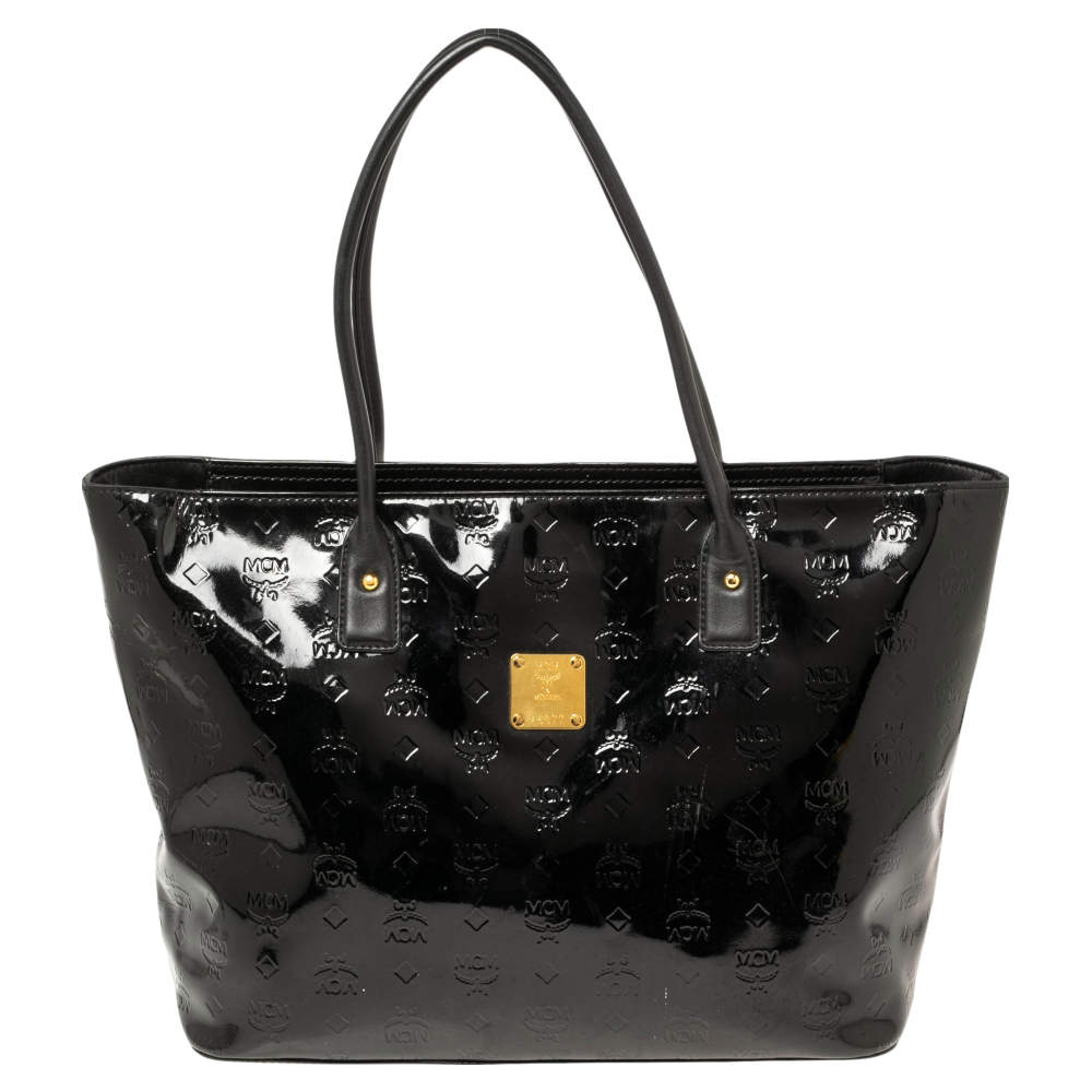 Pre Owned MCM Black Signature Embossed Patent Leather Tote