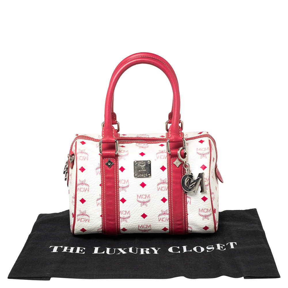 PRELOVED MCM White and Pink Visetos Leather Lion Boston Bag E0946