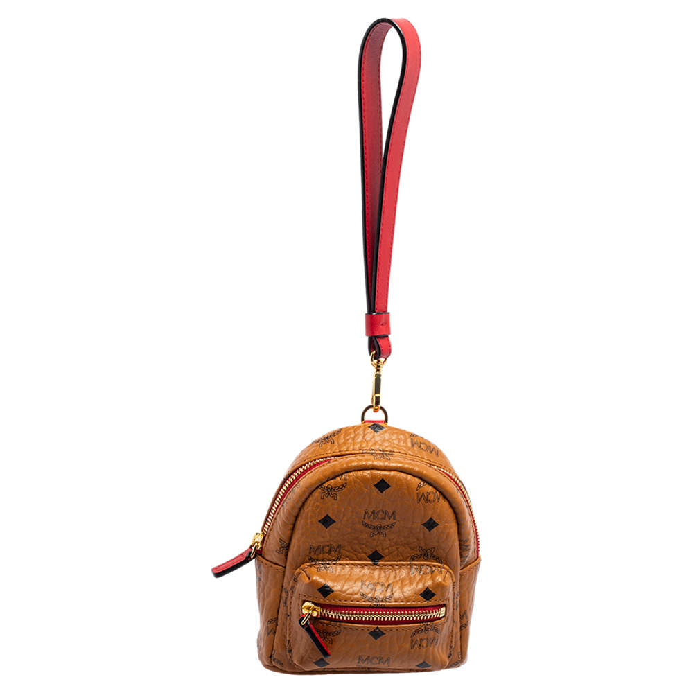 MCM Cognac Visetos Coated Canvas and Leather Backpack Wristlet Pouch 