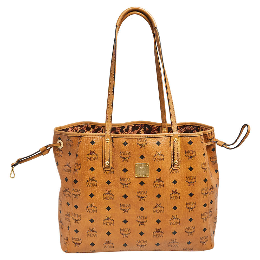 Pre Owned MCM Cognac Visetos Coated Canvas Reversible Liz Shopper Tote